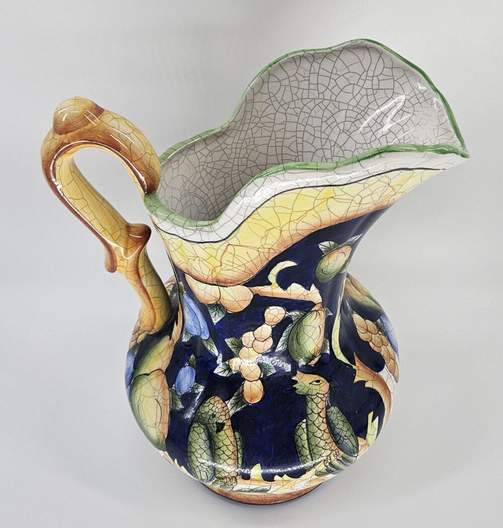 Fitz & Floyd Exoticals Veneto Long Neck Pitcher Parrot Fruit Crackle 10.75"